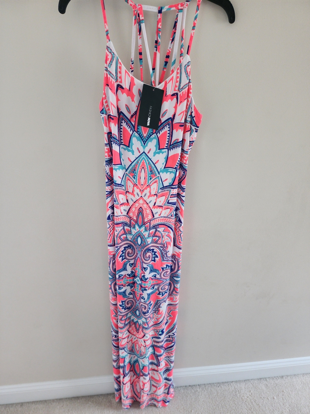 Fashion Nova Pink Paragdim Strappy Maxi Dress with Pink & Blue Mandala Print